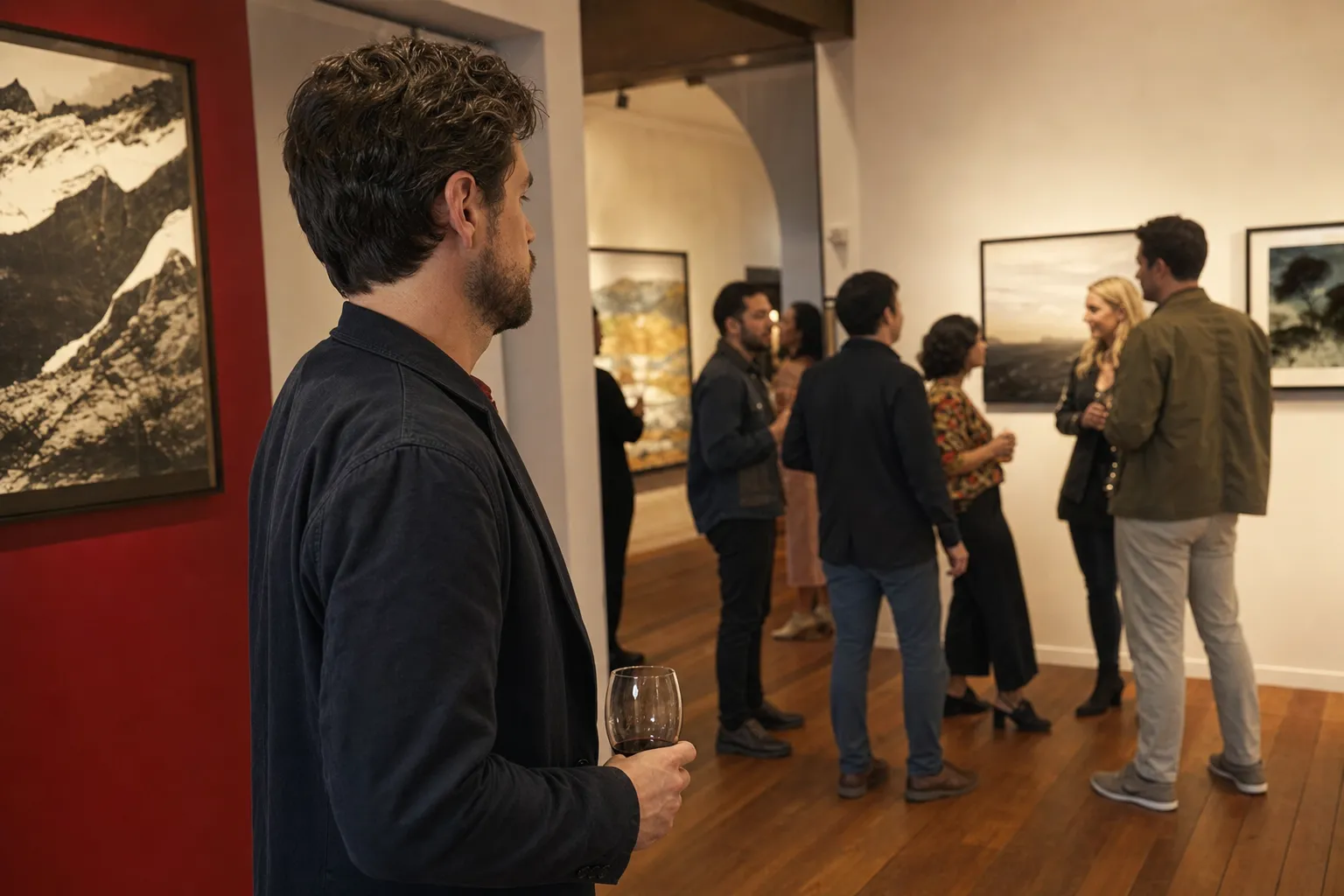 A man preparing to join a conversation at a gallery opening