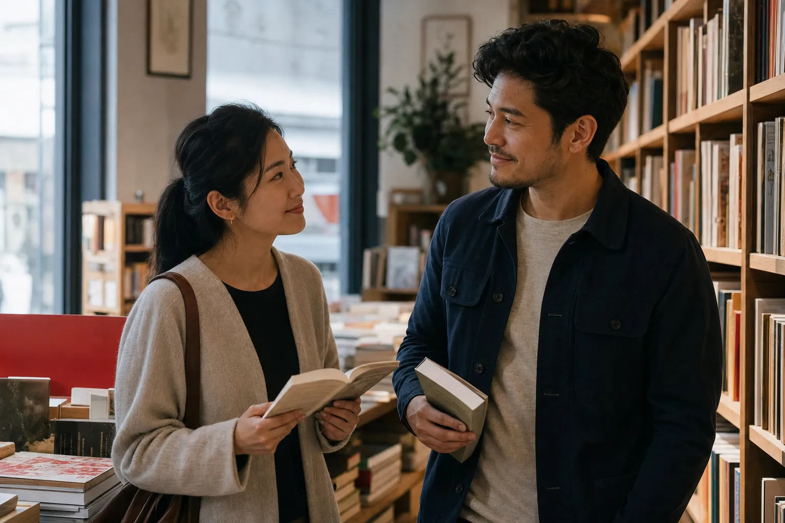 A woman and man exchanging warm eye contact in a bookstore