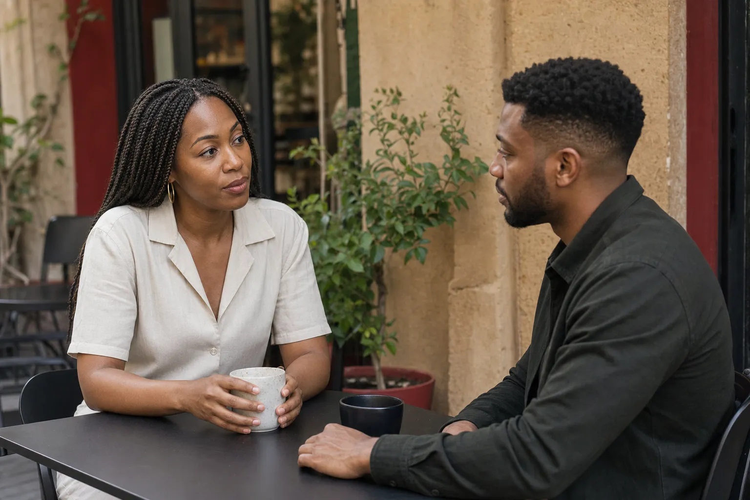 A woman and man having a calm, direct conversation at an outdoor cafe