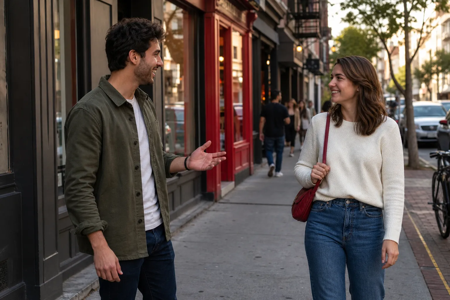 A man and woman greeting each other with respectful distance on a city sidewalk
